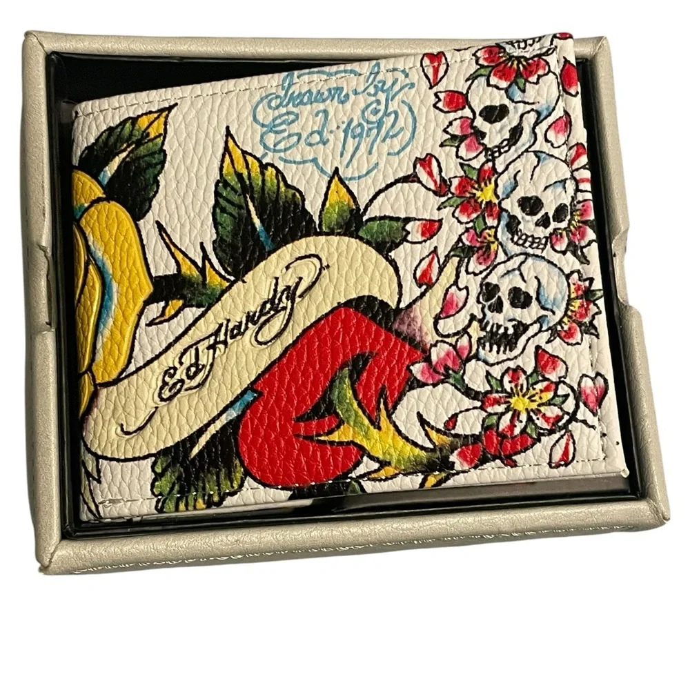 Ed Hardy White Tattoo-Print Bi-Fold Wallet with Red & Yellow Accents